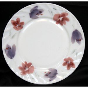 Gibson Dessert Salad Plate White Glass Purple Pink Flowers Ruffled Top 8"